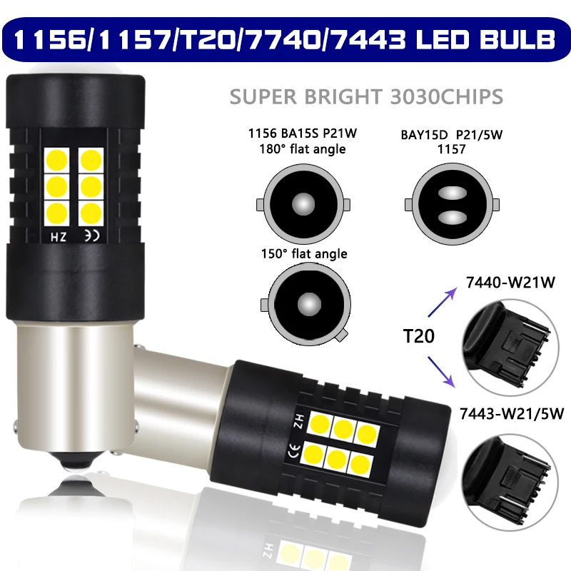 2Pcs Auto Del Segnale Lampada T20 1156 P21W Ba15S Led Py21W Bau15S Lampadine 1157 P21/5W Bay15D 7443 W21/5W 7440 W21W Canbus Bianco 3030 Luce