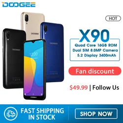 Сотовый телефон DOOGEE X90 6,1 дюйма, 19:9 экран LTPS с технологией Waterdrop, четырехъядерный смартфон, 16 Гб ОЗУ, 3400 мА/ч, две SIM-карты, 8 Мп + 5 Мп, WCDMA, Android Go