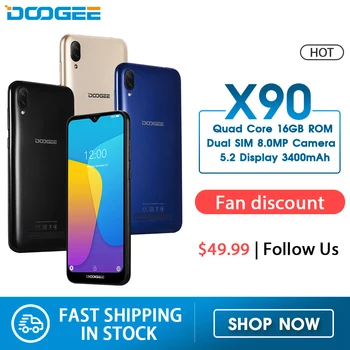 Перейти на Алиэкспресс и купить Сотовый телефон DOOGEE X90 6,1 дюйма, 19:9 экран LTPS с технологией Waterdrop, четырехъядерный смартфон, 16 Гб ОЗУ, 3400 мА/ч, две SIM-карты, 8 Мп + 5 Мп, WCDMA, Android Go