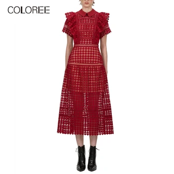 

2019 Spring High Quality Runway Dress Women Elegant Short Sleeve Red Heart Hollow Out Lace Vacation Bohemian Long Beach Dress