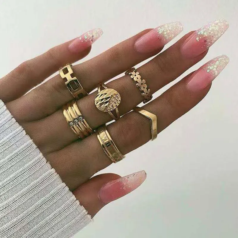 

docona Punk Gold Color Greek alphabet Tai Chi Ring Set for Women Girl Metal Geometric Knuckle Midi Rings Set Anillos 9076