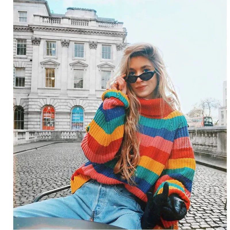 Модные свитера, мода 2019, новые женские цветные полосатые вязаные женские свитера с длинным рукавом, женская одежда Харадзюку