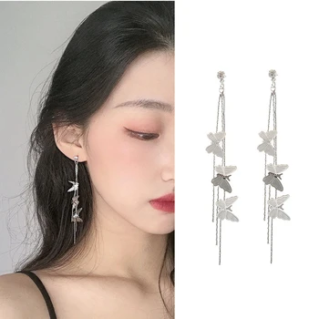 

Long Tassel Butterfly Earrings For Women Gold/Silver Color Metal Elegant Hollow Piercing Oreille Korean Dangling Earrings