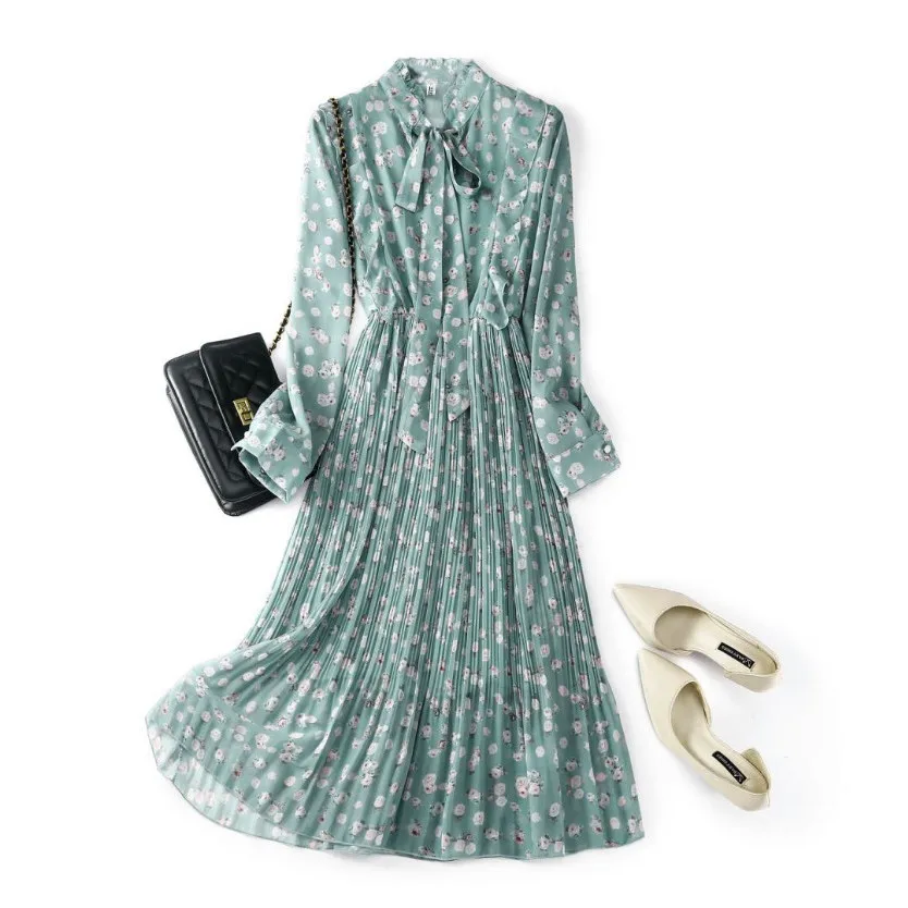 

Floral Dress Women French Style Long Sleeve Flowers Printed Chiffon Sweet Dress Bow Ruffles Collar Elegant Pleated Dress Autumn