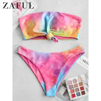 

ZAFUL Women Strapless Tie Dye Knotted Bikini Swimwear Padded Wire Free Bandeau Bikini Sets Two Pieces Swimsuit Sexy Bathing Suit