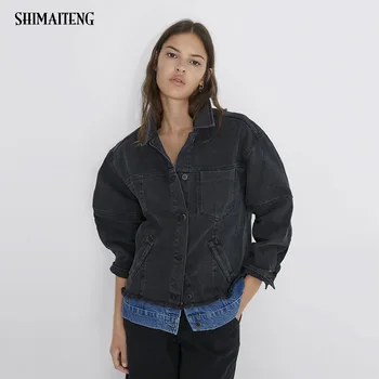 

Designer Basical Black Stitching Denim Jacket Women 2020 New Basic Vintage Long Sleeve Jean Jackets Outerwear Denim Coat zaraing