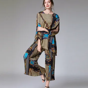 

LANMREM 2020 Summer New Fashion Large Size Suit Women Lantern Sleeve Lace Hollow Print Elastic Nine Pant Casual Loose