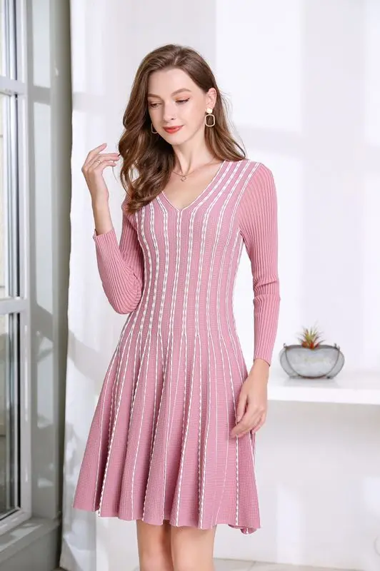 Высокое качество Черный розовый свитер платье осень зима пуловер платье Женский цветной блок вязание с длинным рукавом Повседневное платье