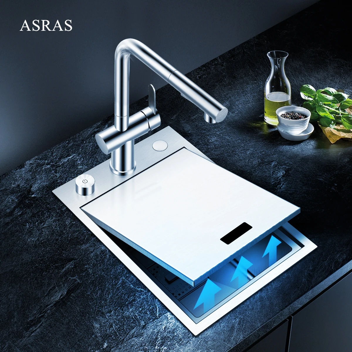 Asras 3449y Hidden Sink With Cover Stainless Steel Small Sink Single