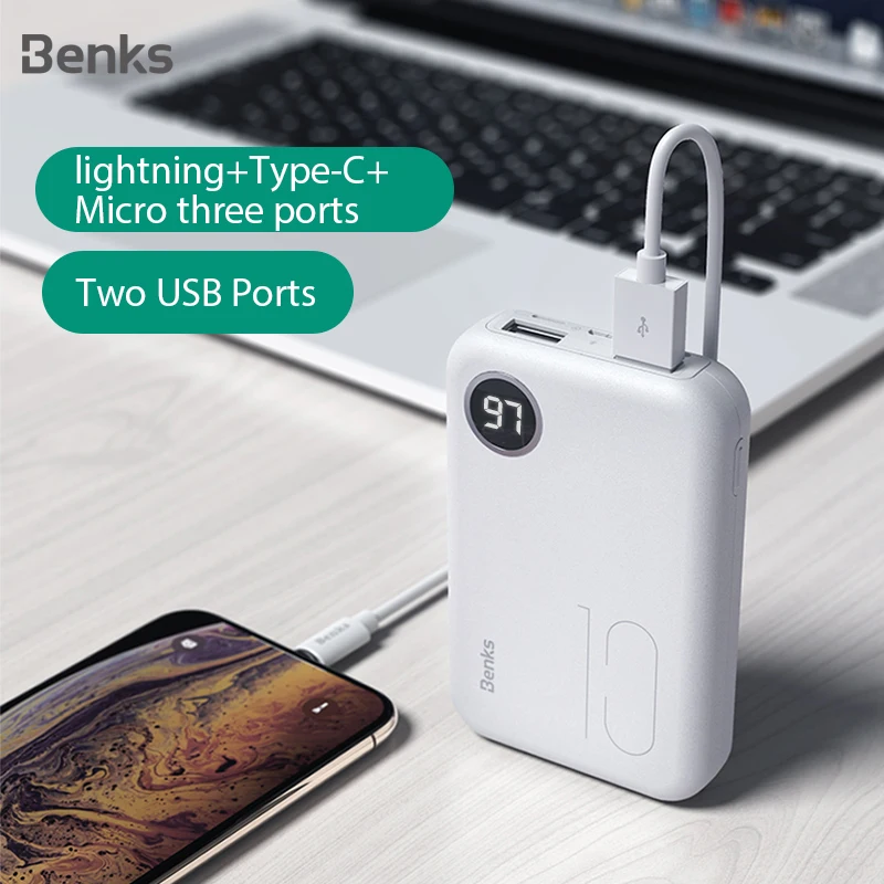 Benks внешний аккумулятор 10000 мАч светодиодный дисплей Быстрая зарядка USB повербанк Внешнее зарядное устройство для Xiaomi iPhone с разъемом Lightning