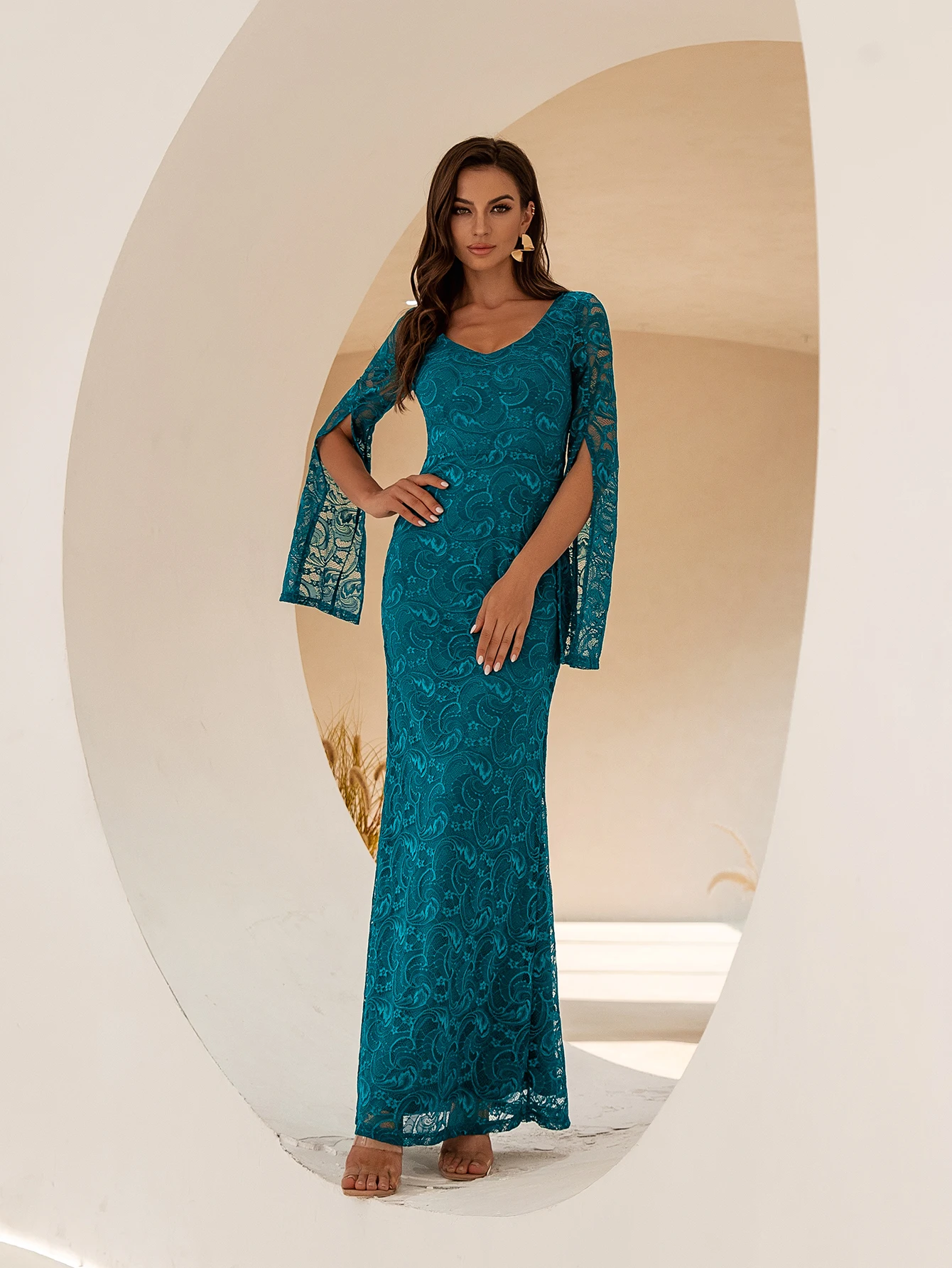 

Женское кружевное платье с юбкой годе Angel-fashions, длинное облегающее вечернее платье с цветочным кружевом, с рукавом-накидкой, с подолом, для выпускного вечера, лето