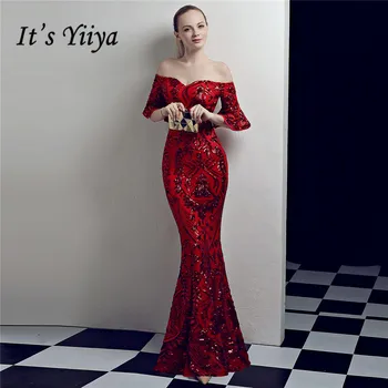 

Off The Shoulder Formal Dress It's Yiiya DX301 Short Sleeve Dresses Woman Party Boat Neck Sequined Floor-Length Evening Gown