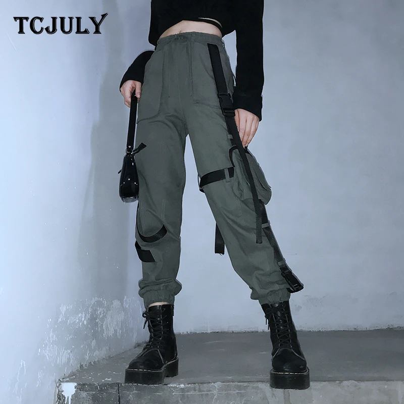 TCJULY Autumn New Arrival Streetwear Cotton Army Green Cargo Pants Women High Waist Drawstring Trousers Casual Jogger Pants