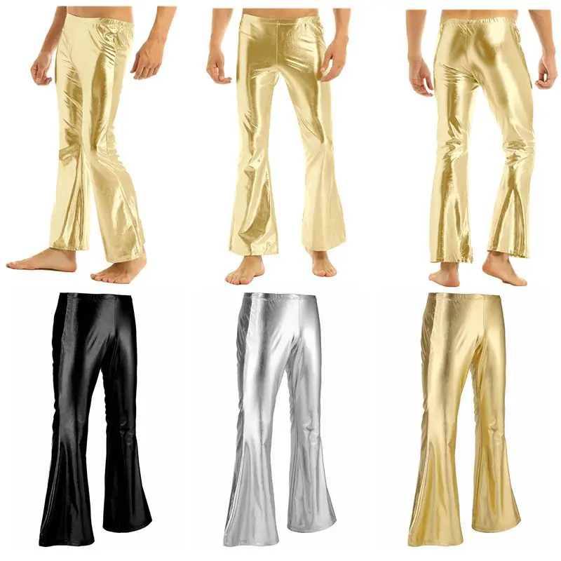 Description Picture 4 of itemChicTry Adults Mens Shiny Metallic Disco Pants with Bell Bottom Flared Long Pants Dude Costume Trousers for 70's Theme Parties