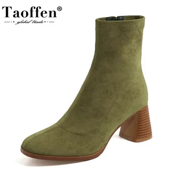 

Taoffen Stretc Women Ankle Boots Thick High Heel Flock Zipper Shoes Round Toe Warm Boots Women Fashion Party Footwear Size 34-39