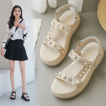 

2020 summer leather women's shoes sponge cake with round head rivets Velcro sandals sports style casual platform shoes Z752