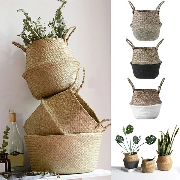 

Handmade Bamboo Storage Baskets Foldable Laundry Straw Patchwork Wicker Rattan Seagrass Belly Garden Flower Pot Planter Basket