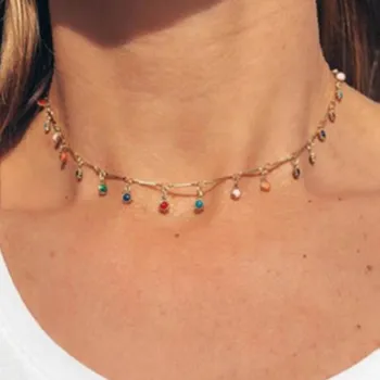 

New Gold Link Chain Necklace Women Colorful Crystal Rhinestone Choker Pendant Necklace Statement collar mujer Minimalist Jewelry