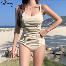 Женский цельный купальный костюм, Одноцветный бандаж, Мягкий купальник, сморщенный винтажный купальник, Белый Летний Монокини, пляжная одежда для женщин