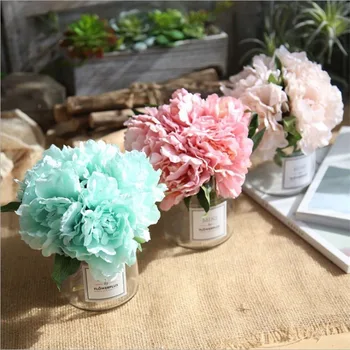 

Hot Mint/Pink/White 5 Heads Silk Cloth Peony For Wedding Party Bride Artificial Flower Bouquet Hotel Home Table Decor Flowers