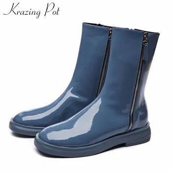 

krazing pot fashion solid side Zipper motorcycles boots round toe med heels non-slip winter keep warm women mid-calf boots L07