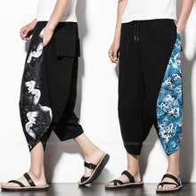 Харадзюку стиль японский журавль печати широкие брюки Модная Китайская одежда свободные шаровары брюки азиатская Одежда Японские мужские кимоно