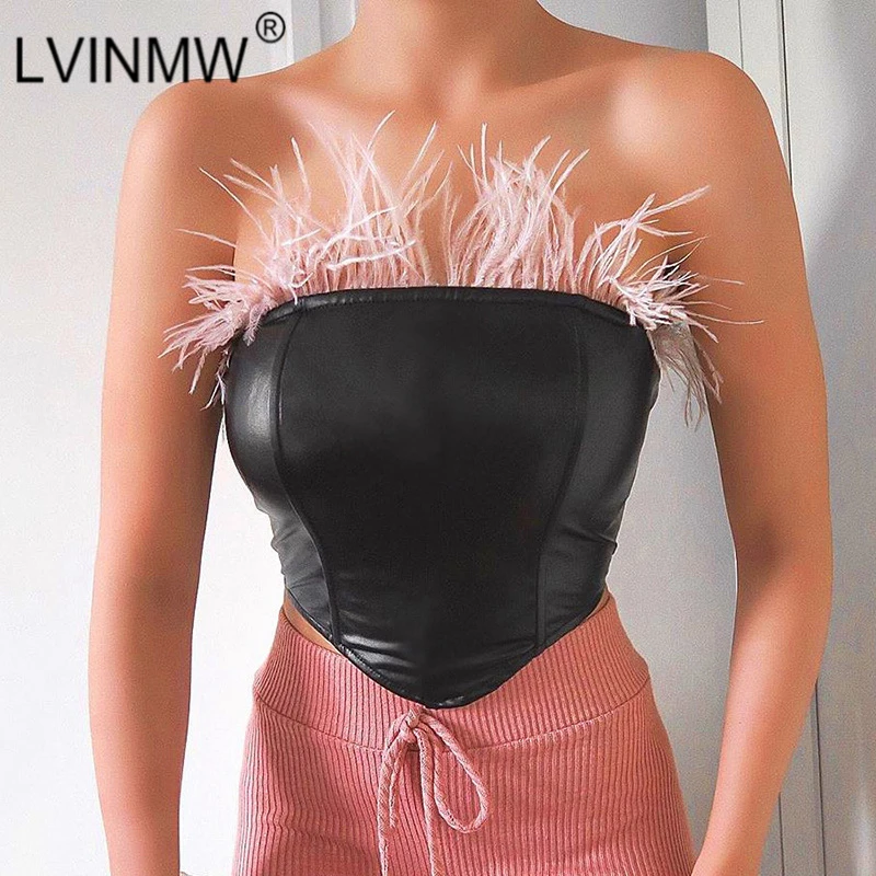 LVINMW сексуальный черный полиуретановый короткий топ с вырезом лодочкой и перьями