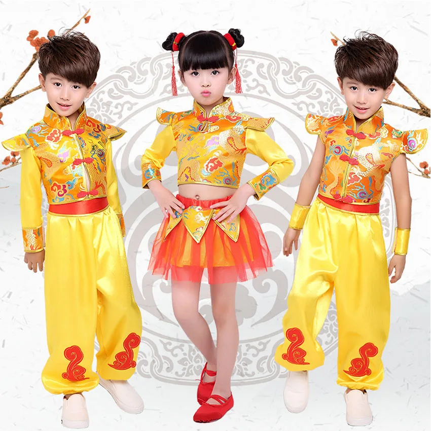 Kopen Chinese Traditionele Nieuwjaar Kostuums Draak en Leeuw Dans Kinderen Kinderkleding Set Rode Kungfu Wushu Uniform Tang Pak Hanfu