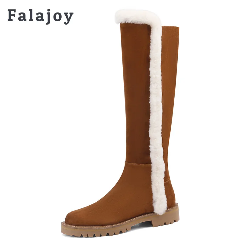Зимние сапоги Falajoy женские замшевые кожаные до колена теплые меховые на плоской