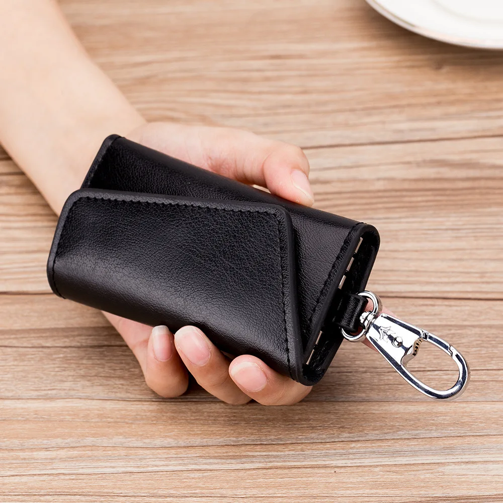 

Hot Sale High Quality Fashion Waist Buckle Card Pocket Cash Slot Split Cow Leather Hanging Key Ring Bag Holder Case