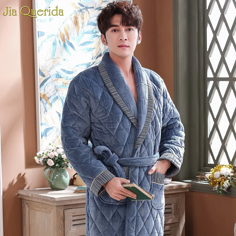 Men Robe Winter Thick Home Wear Long Night Dressing Gown 3 Layer Padded Keep Warm House Coat Luxury Men Bath Robes Velvet Kimono