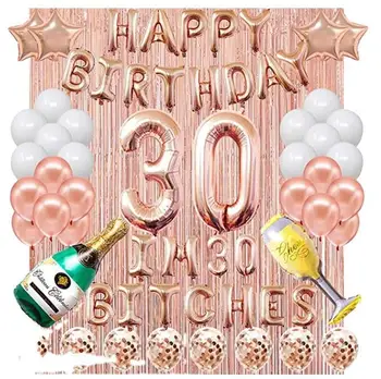 

32 Inch Number Aluminium Foil balloons 16 Inch Rose Gold Letter Balloon Rose Gold Rain Silk Curtain Birthday Party Decorations