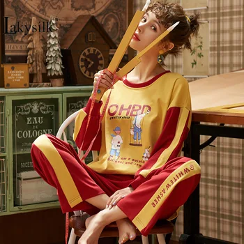 

M-2XL Women Cotton Pajamas Set Yellow New Thick Cartoon Printed Long Sleeve Cute Sleepwear Casual Loose Homewear Female Pyjamas