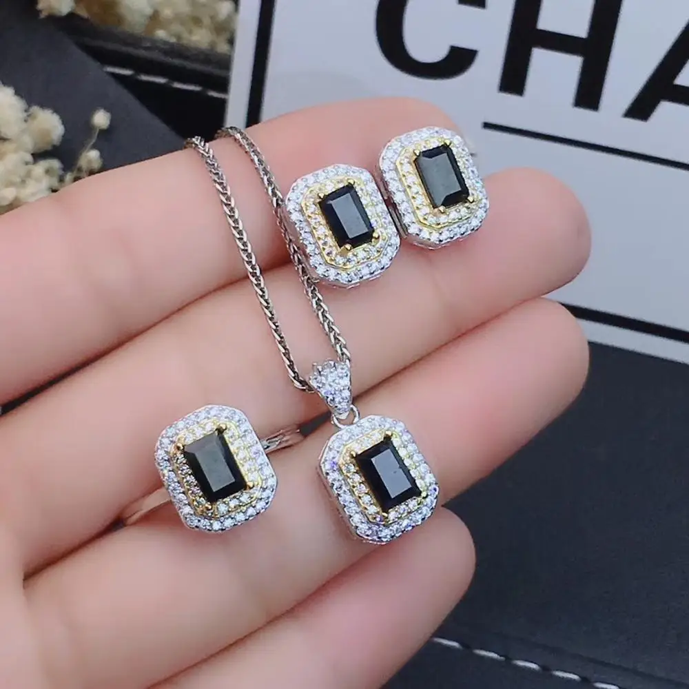 KJJEAXCMY boutique jewelry 925 sterling silver inlaid Natural sapphire Ring Earring Necklace Set Support Test
