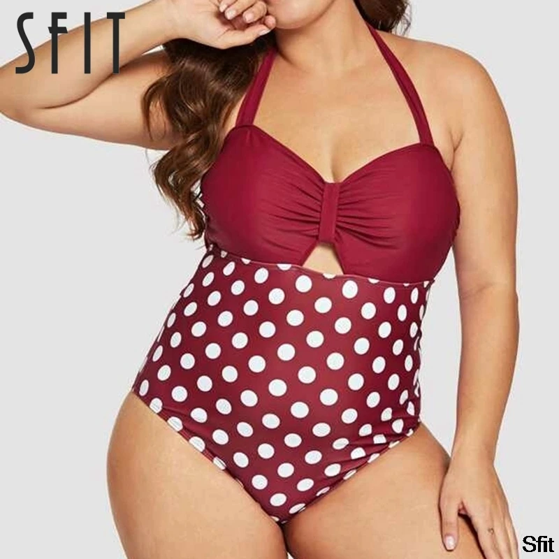 

Sfit 2019 Halter Plus Size Polka Dot Ruched Bodysuit Cut-out One-piece Swimsuit Patchwork Monokini Thong Beach Bathing Bodycon