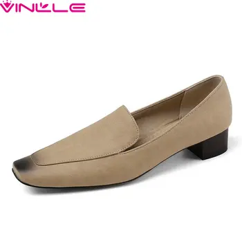 

VINLLE 2020 New Spring Square Low Heel Slip on Ladies Single Shoes Square Toe PU Leather Shallow All Match Women Pumps Size34-43