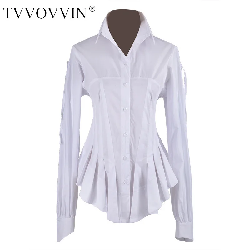 TVVOVVIN Bow Court Solid White Color All-match Shirt High Waist Bow Fold Waist To Waist Lanky Sleeve Shirt Woman ZX351