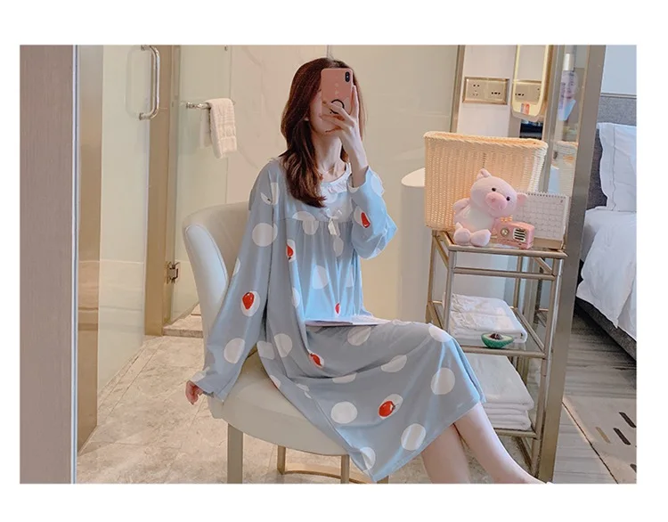 Spring Autumn Casual Plaid Cotton Nightgowns for Women Long Sleeve Loose Night Dress Home Dress Sleepwear Nightdress Nighty