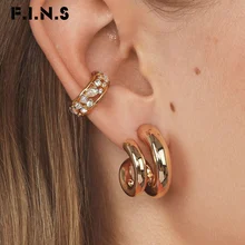 F.I.N.S Gold Color Double Circle Small Stud Earring for Women Simple Crystal Jeweled Ear Cuff Earrings Korean Fashion Jewelry