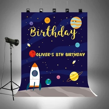 

Space Photo Background Cartoon Outer Rocket Aviation Theme Planet Starry Sky Boy Birthday Party backdrop poster vinyl candy