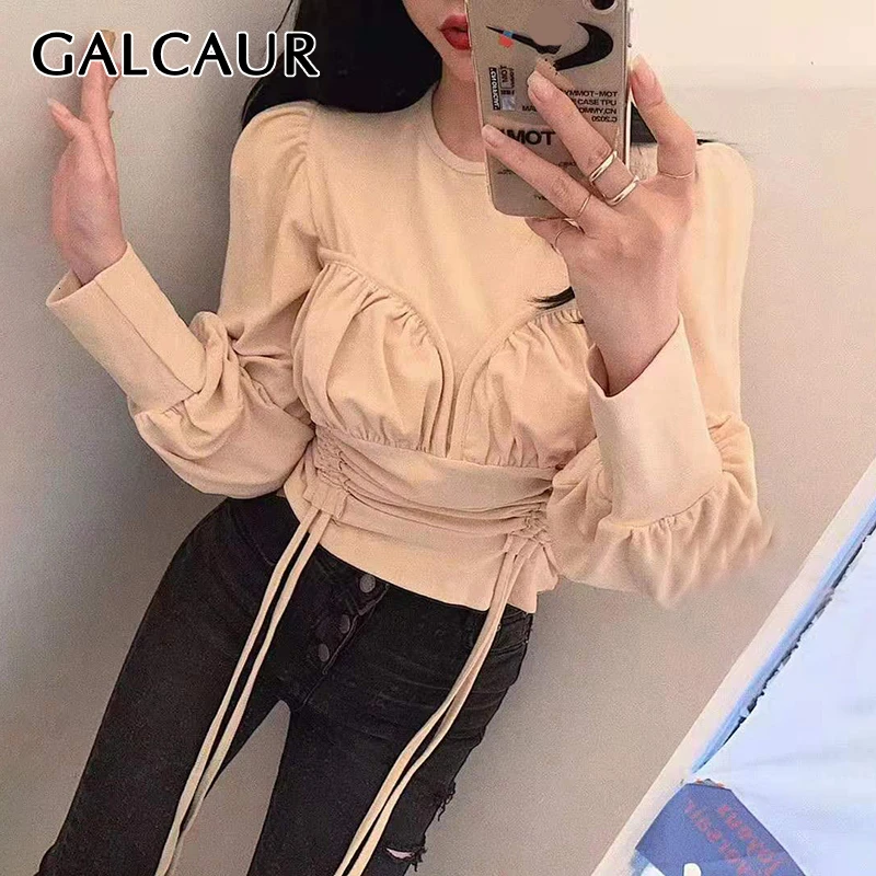 Женская блузка с рюшами GALCAUR винтажная круглым вырезом и буфами длинными
