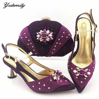 

Purple Color Decorated With Rhinestone Shoes And Bag Set 2020 African Summer High Heels Shoes And Bag Set For Evening Dress