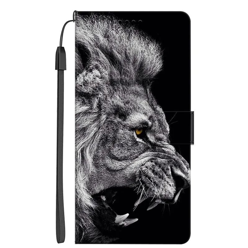 Elegant Leather Flip Phone Case with Wallet & Artistic Cat and Wolf Design
