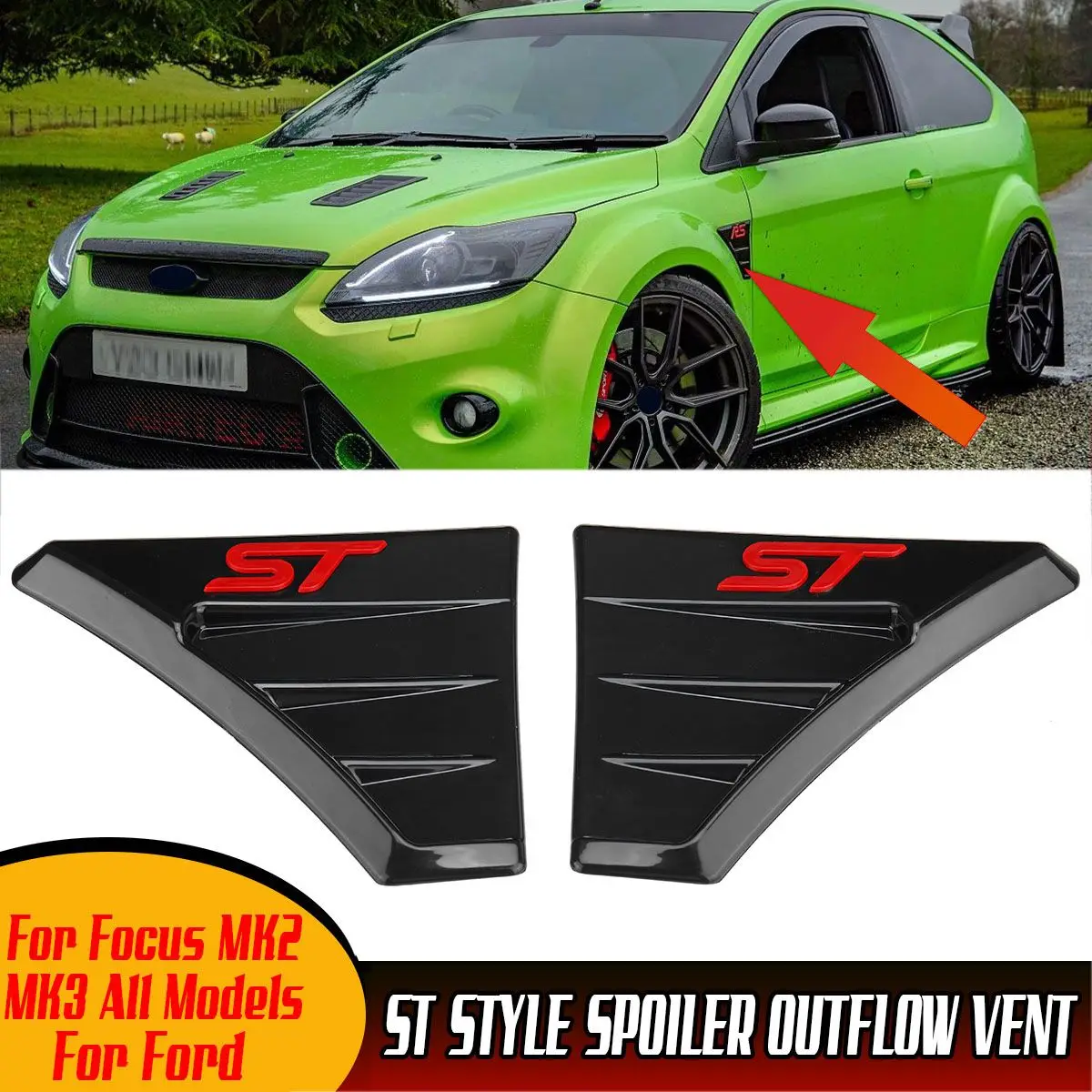 2PCS ST Style Car Side Vent Sticker Spoiler Outflow Vent Car Side Bonnet Air Intake Flow Side Door Wing Vent Hood For Ford For Focus MK2 MK3 RS ST