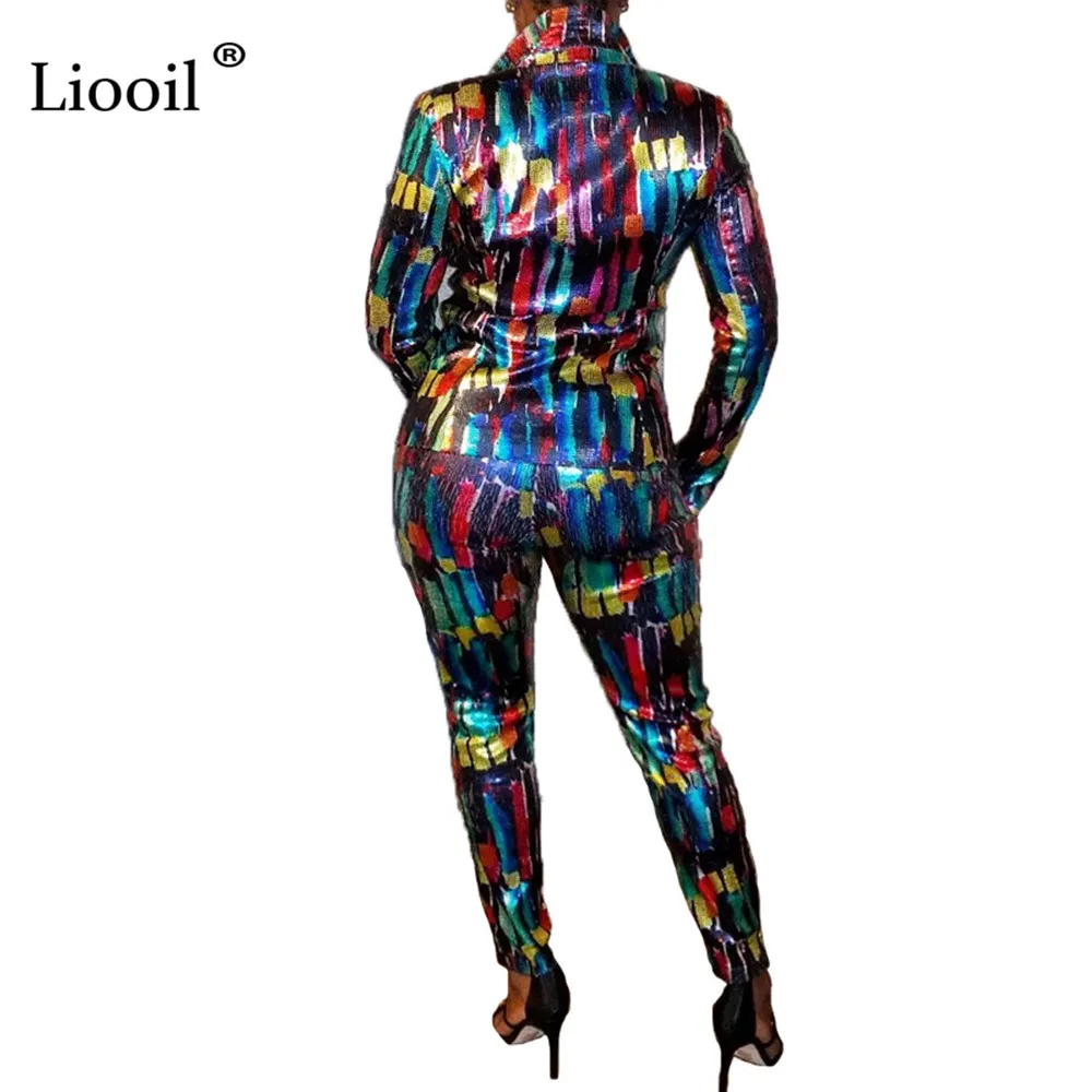 Liooil, комплект из двух предметов для ночного клуба с разноцветными блестками, пальто и штаны,, длинные рукава, v-образный вырез, сексуальные вечерние наряды для женщин, комплекты костюмов