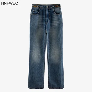 

2020 New Spring And Summer Fashion Women Clothing Metal Chain Pocket Washed Denim Blue Jeans Female Pants T983