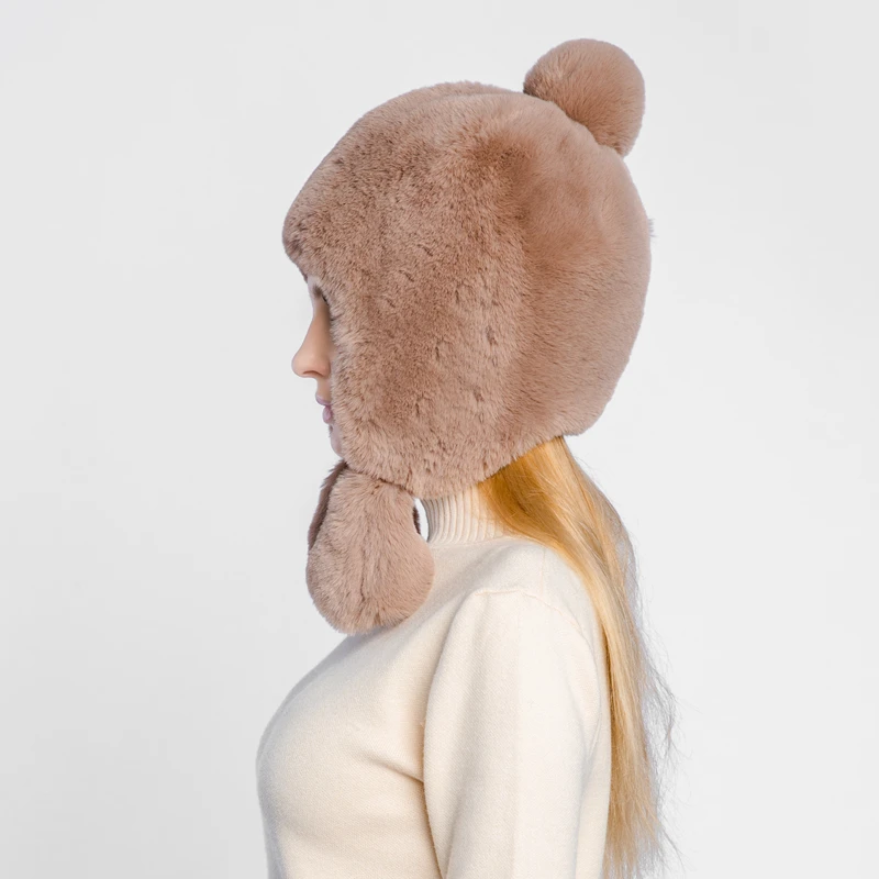Зимние женские головные уборы, креативные меховые наушники с кроликом для взрослых, плюс бархатная шапочка, Снежная и холодная теплая шапка, меховая шапка для девочек - Цвет: Коричневый