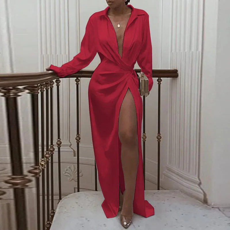 Сексуальное Женское однотонное платье-рубашка витой дизайн с длинным рукавом и отложным воротником летнее платье с высоким разрезом макси платья Vestidos - Цвет: Red