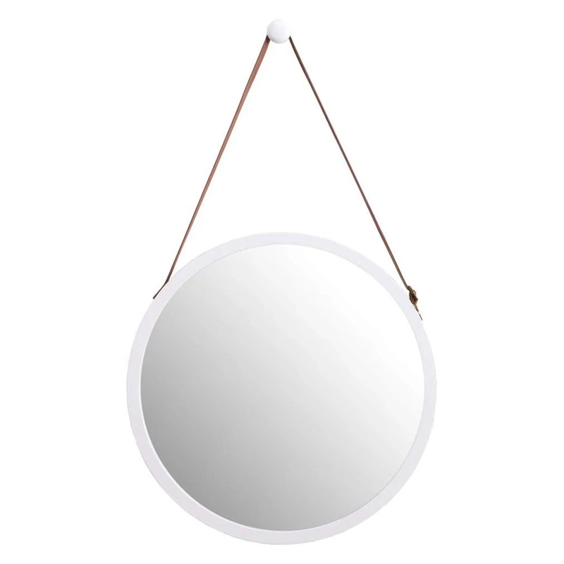 

Hanging Round Wall Mirror in Bathroom & Bedroom - Solid Bamboo Frame & Adjustable Leather Strap (White, 15 Inch)
