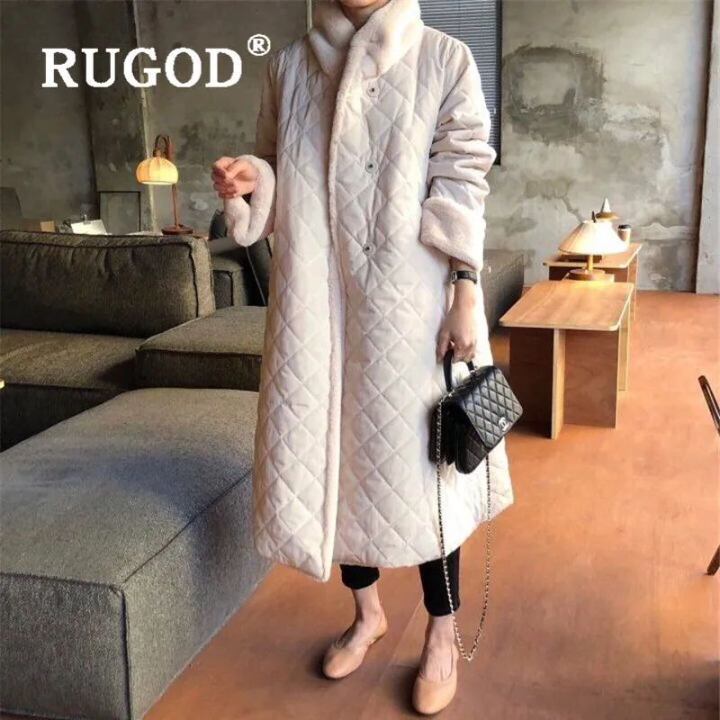 RUGOD New Winter Women Thick Cutton Coat Velvet Turn-down Collar Diamond Block Lattice Warm Long Jacket French Elegant Coat